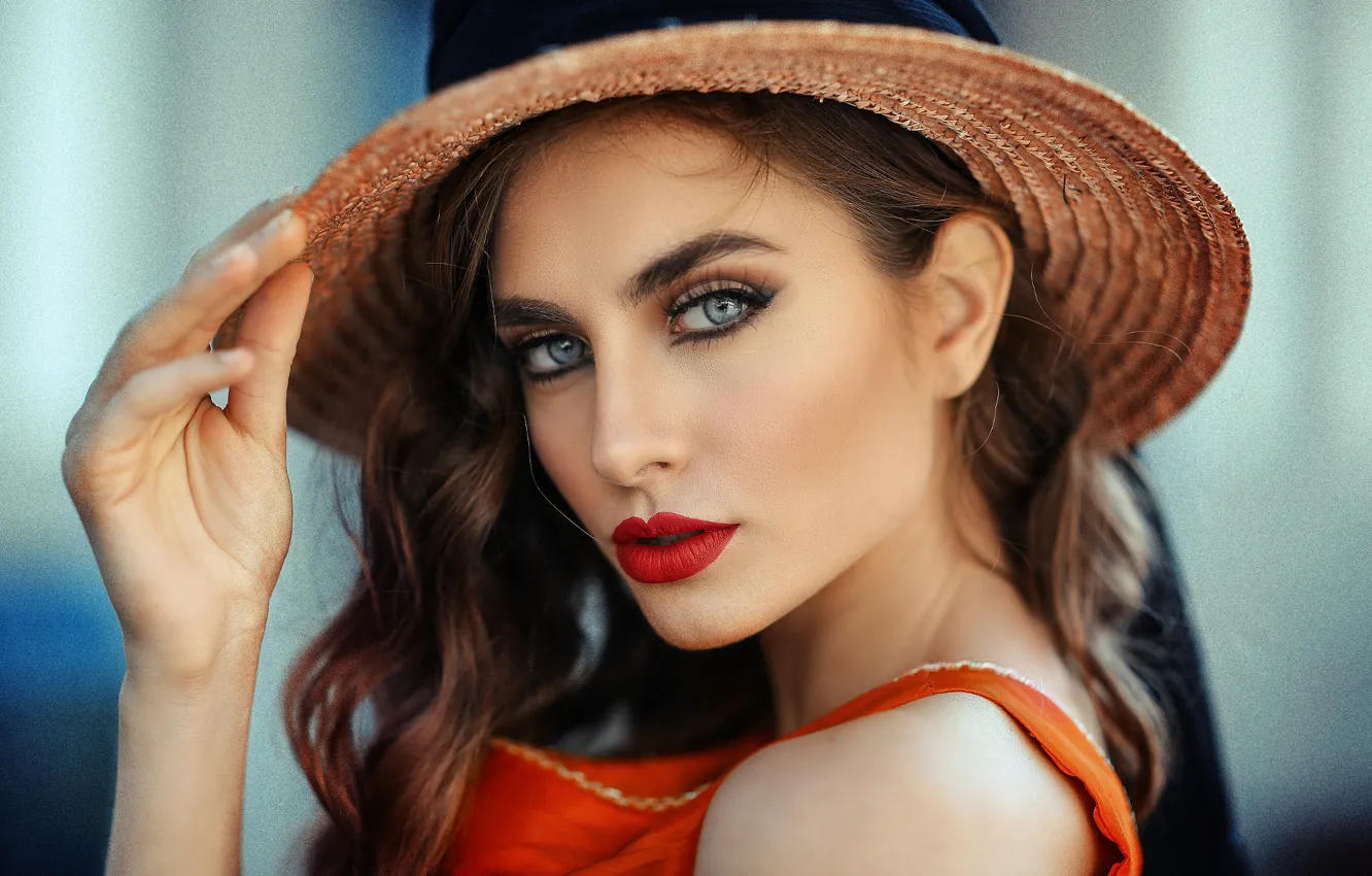 Photo wallpaper look, portrait, hat, makeup, hairstyle, brown hair, beauty, bokeh