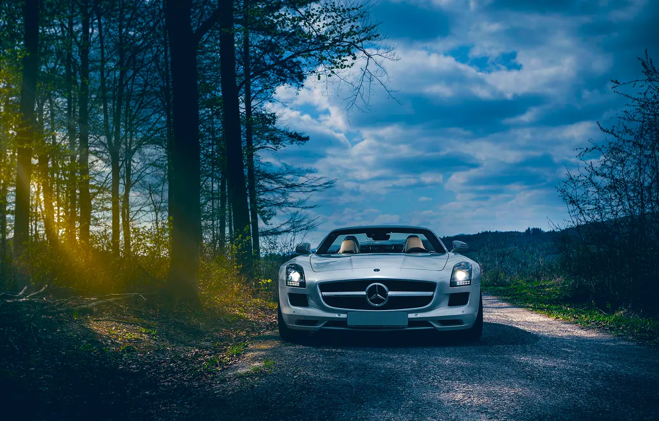 Photo wallpaper Roadster, Mercedes-Benz, Car, Front, AMG, Sun, SLS, Forest