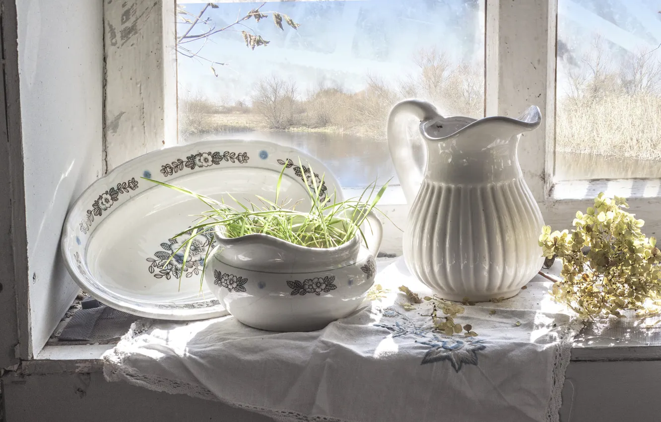 Photo wallpaper autumn, white, grass, glass, light, flowers, river, towel