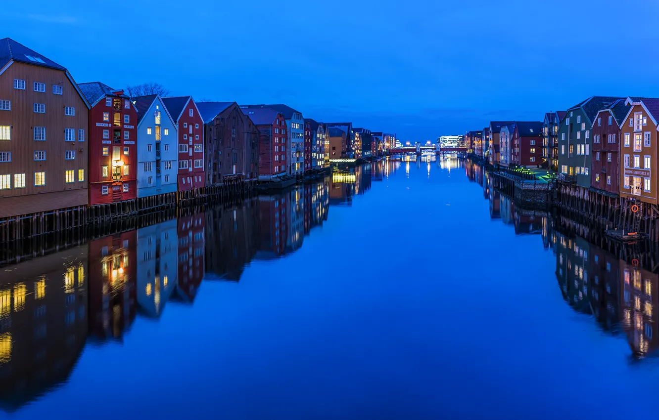 Photo wallpaper water, lights, reflection, home, the evening, Norway, channel, Trondheim