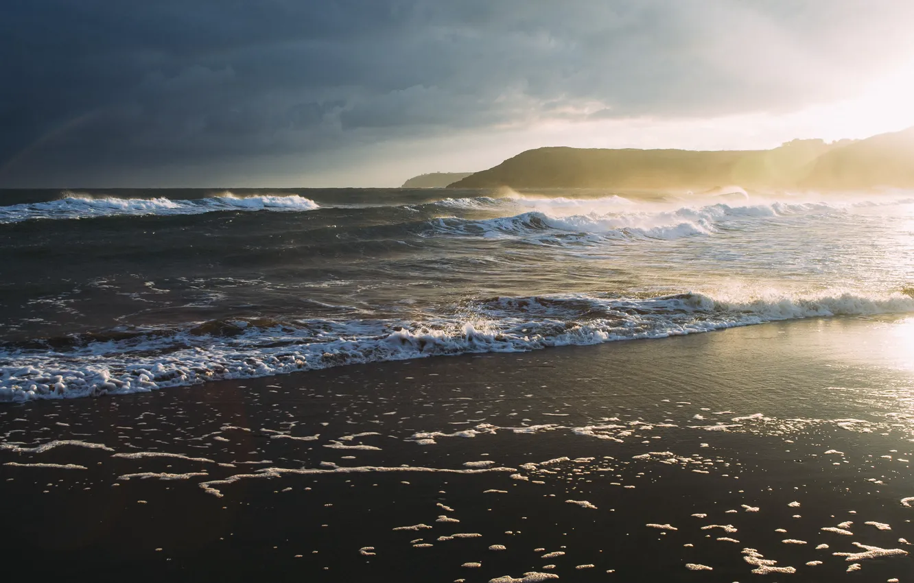 Photo wallpaper wave, sunset, the ocean, shore, surf