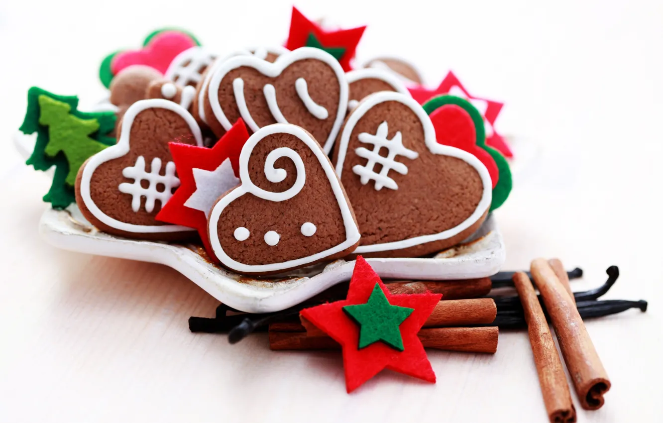 Photo wallpaper holiday, new year, cookies, plate, Christmas, hearts, sweets, cinnamon