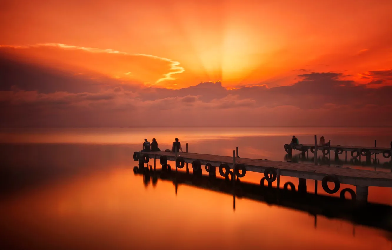Photo wallpaper sadness, sea, clouds, sunset, people, the evening, pier, pierce