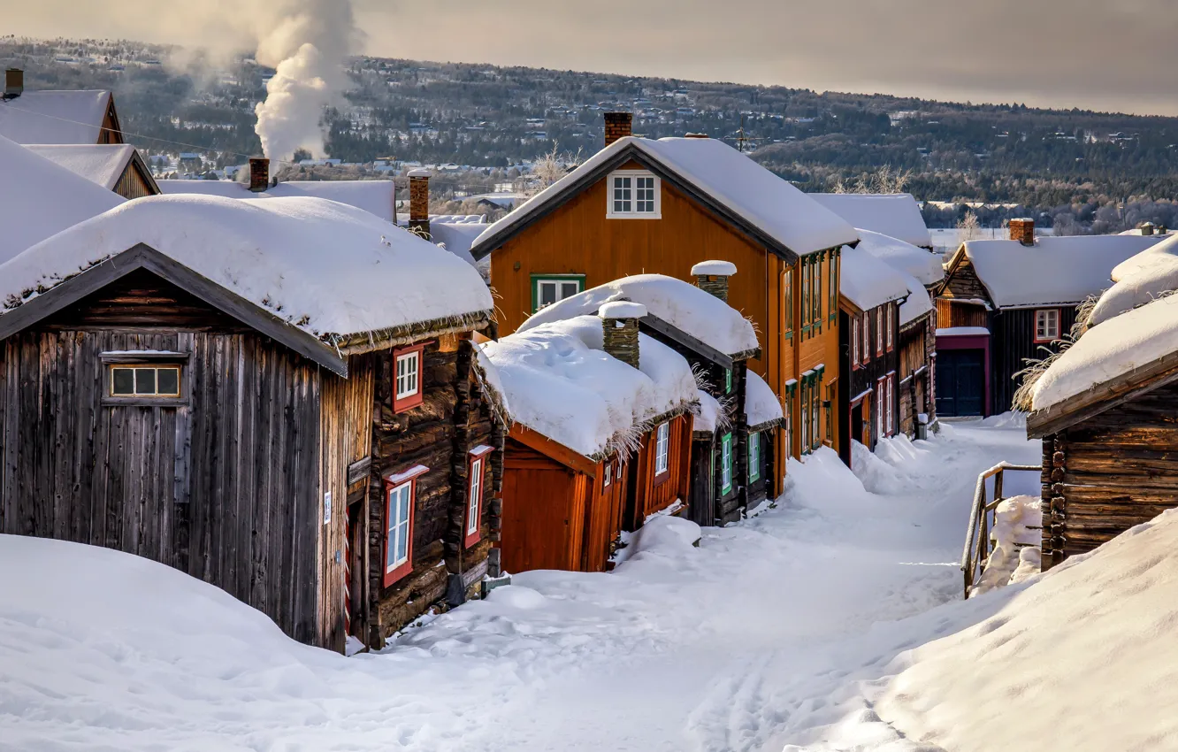 Photo wallpaper Home, Winter, Snow, Norway, Winter, Norway, Roros, Oldest wooden town