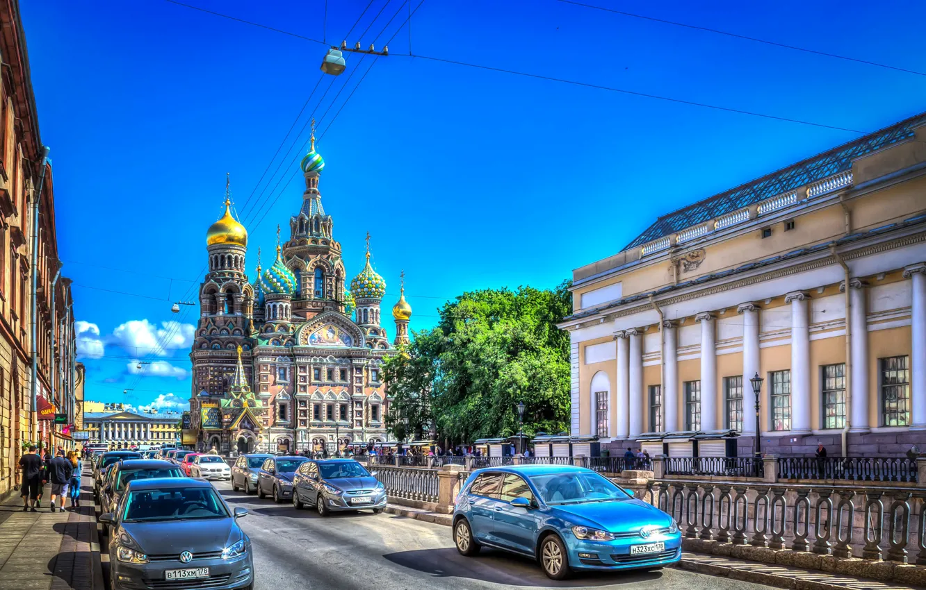 Photo wallpaper road, HDR, Saint Petersburg, Russia, cars, St. Petersburg, Church of the Savior on Blood