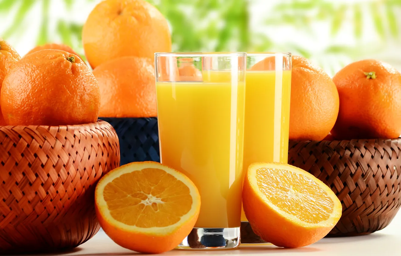 Photo wallpaper orange, oranges, juice, glasses, fruit, citrus, bokeh, basket