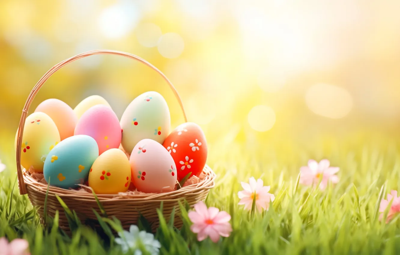 Photo wallpaper flowers, basket, glade, eggs, spring, colorful, Easter, flowers