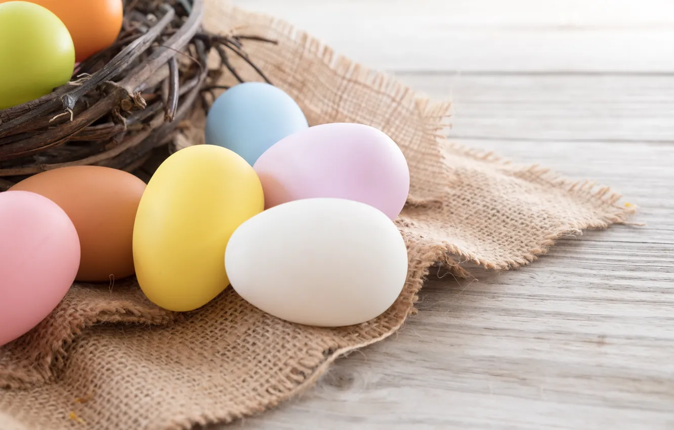 Photo wallpaper basket, eggs, spring, colorful, Easter, wood, spring, Easter