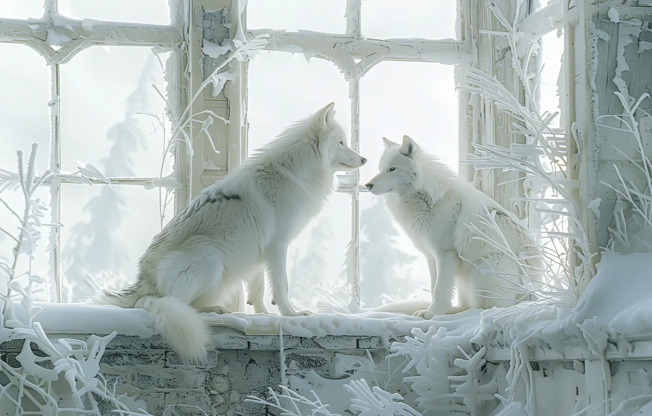 Photo wallpaper snow, branches, wolf, window, white, a couple, neural network