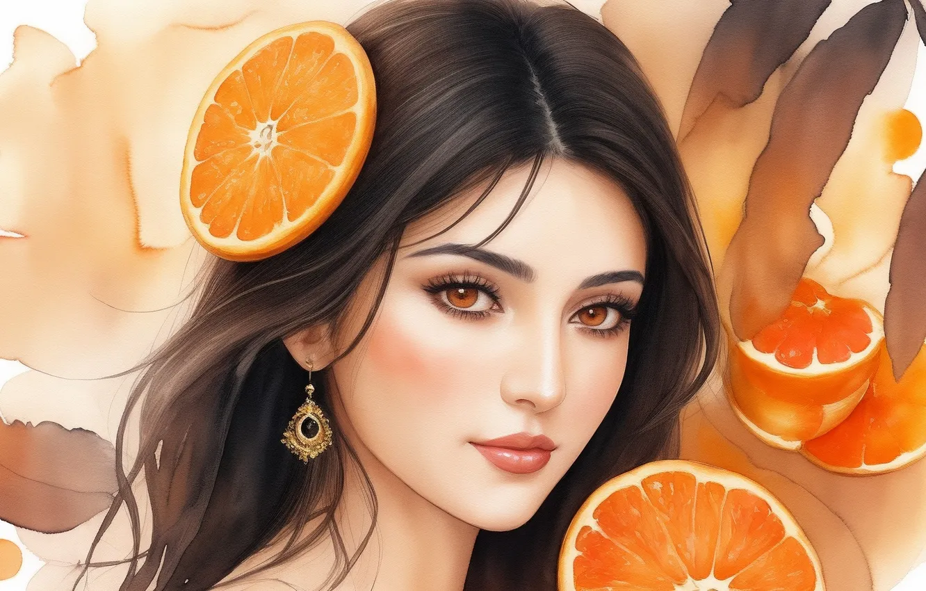 Photo wallpaper girl, orange, woman, figure, orange, beauty, brunette, watercolor