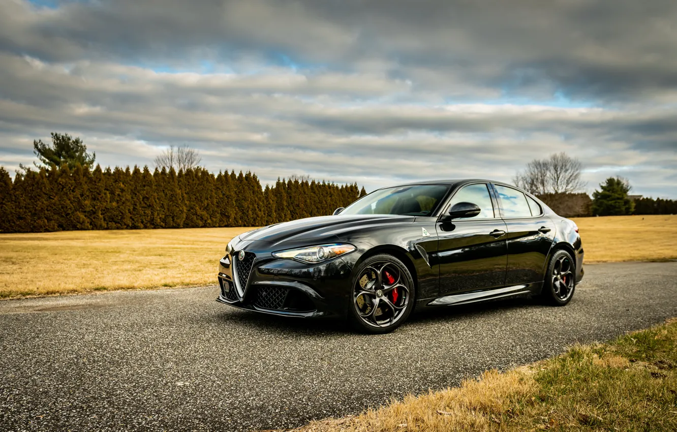 Photo wallpaper Alfa Romeo, black, trees, Giulia Quadrifoglio