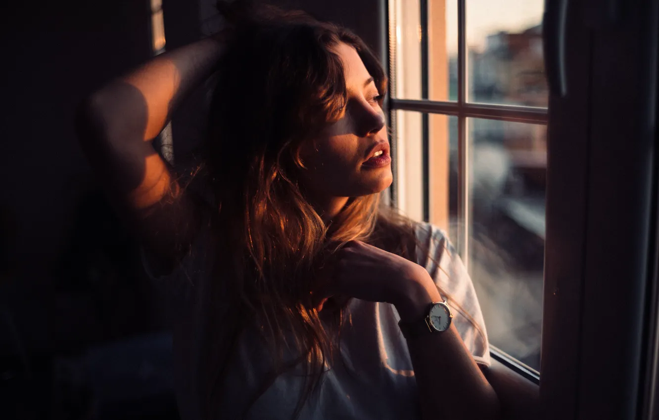 Photo wallpaper girl, twilight, long hair, photo, sunset, photographer, model, window