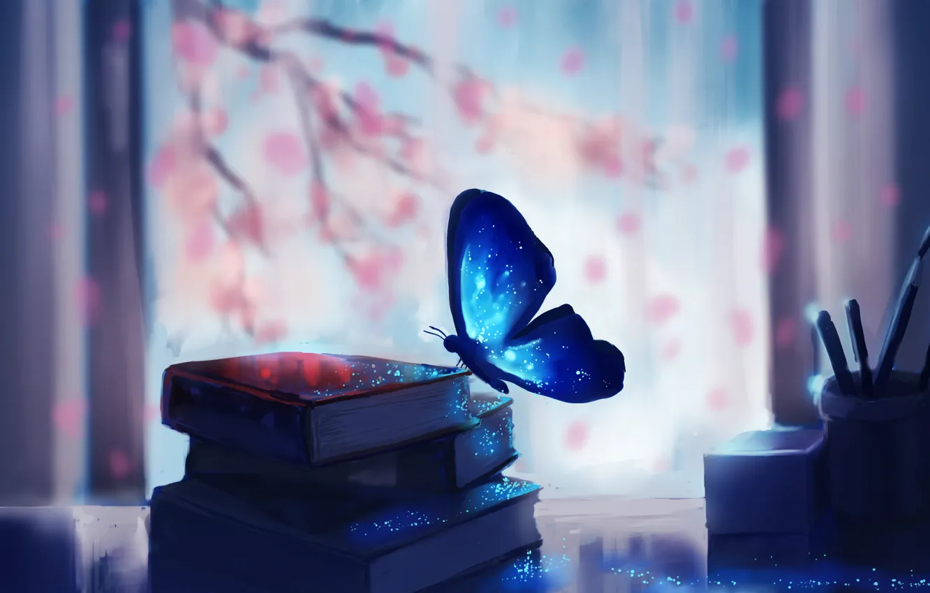 Photo wallpaper tree, branch, butterfly, books, Sakura, art, chibionpu