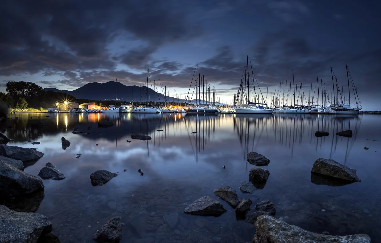 Photo wallpaper night, lake, yacht