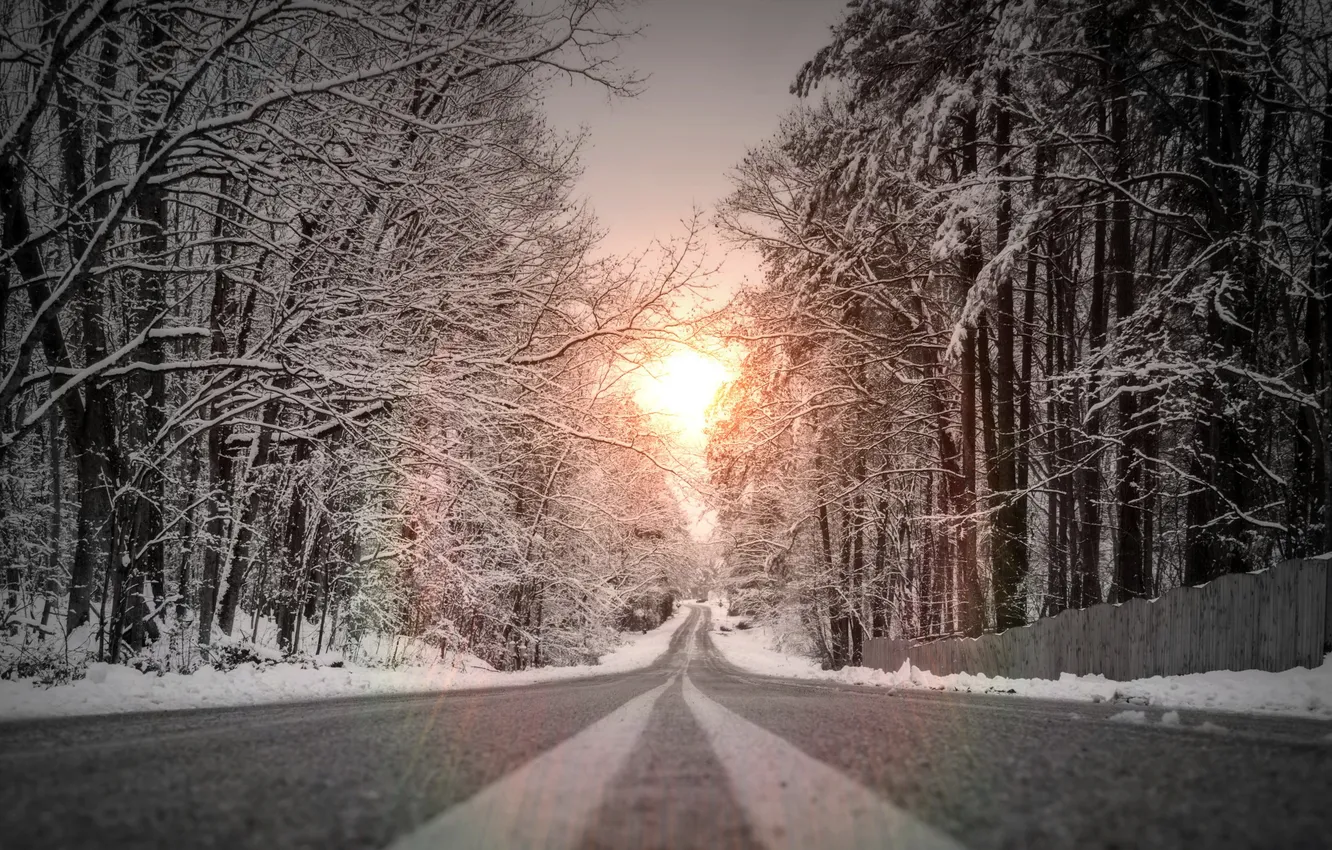 Photo wallpaper road, snow, morning