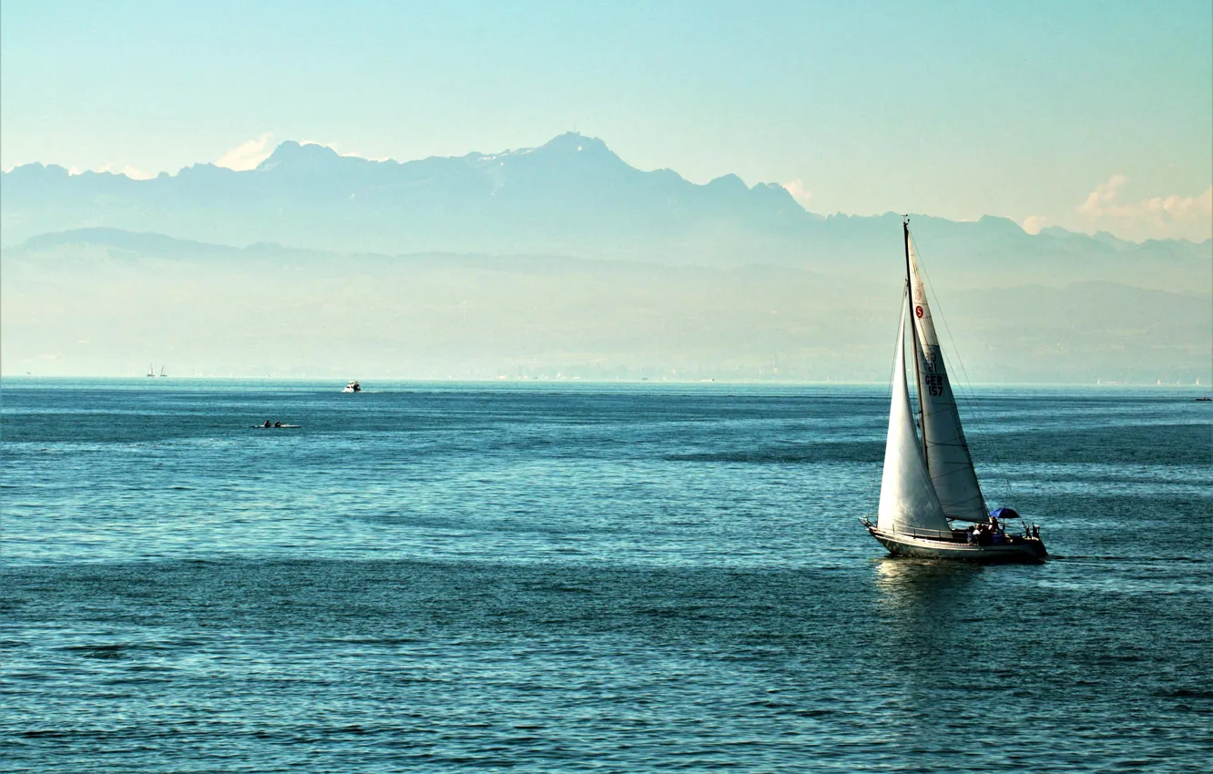 Photo wallpaper mountains, boat, yacht, sail, Lake Constance, Bodensee