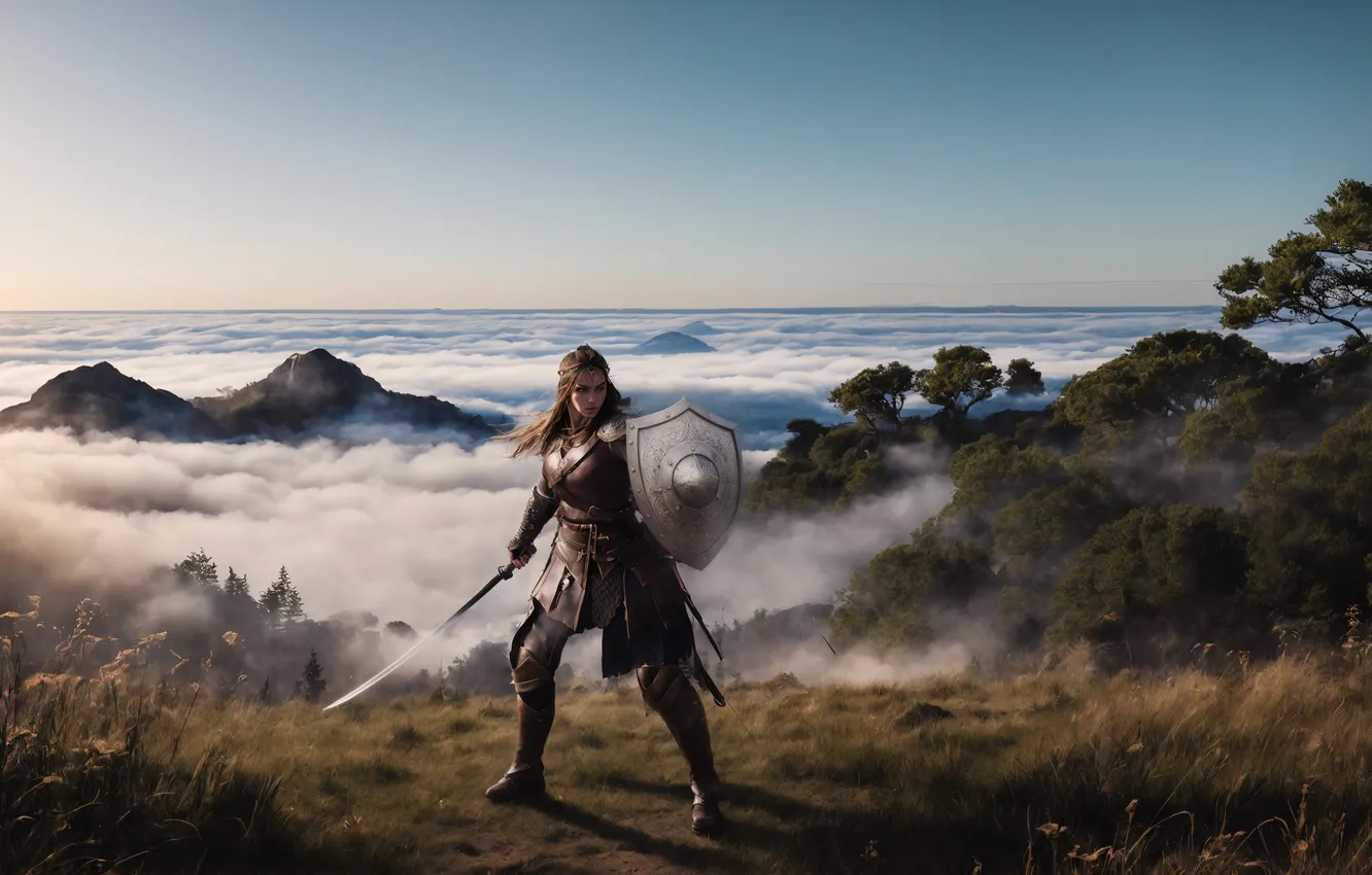 Photo wallpaper girl, landscape, fantasy, knight