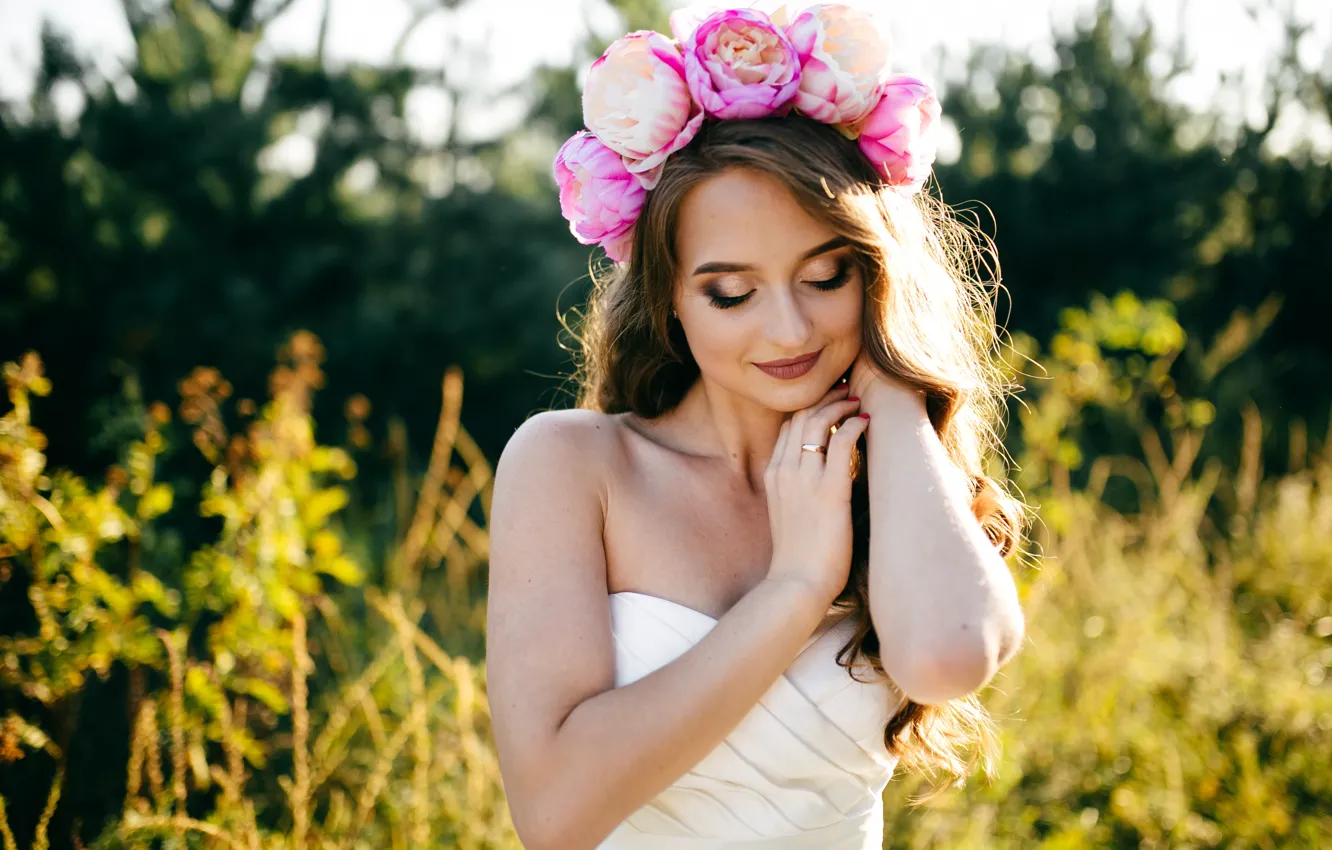 Photo wallpaper white, flowers, wedding, curls, dress, hands, with downcast eyes, nature
