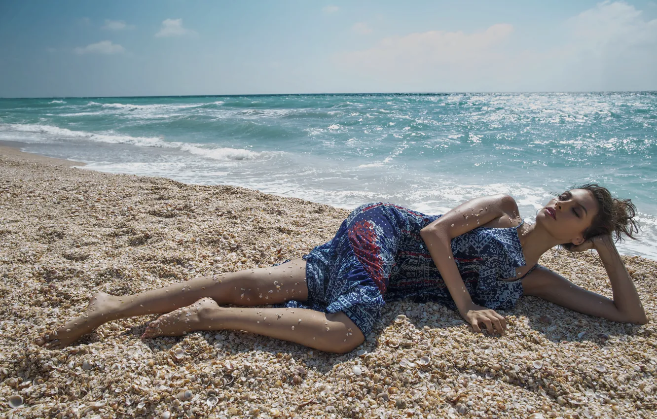 Wallpaper sea, beach, summer, the sky, girl, clouds, lies, legs for ...