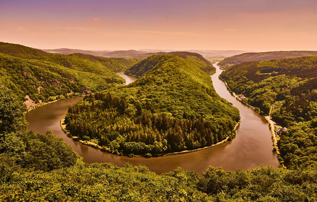 Photo wallpaper greens, forest, the sky, the sun, trees, river, hills, Germany
