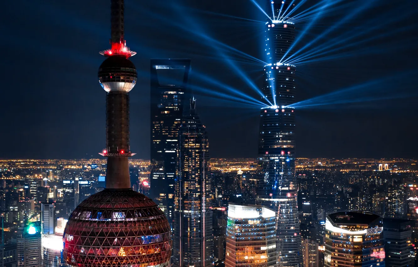 Photo wallpaper city, lights, China, Shanghai, night, buildings, architecture, skyscrapers
