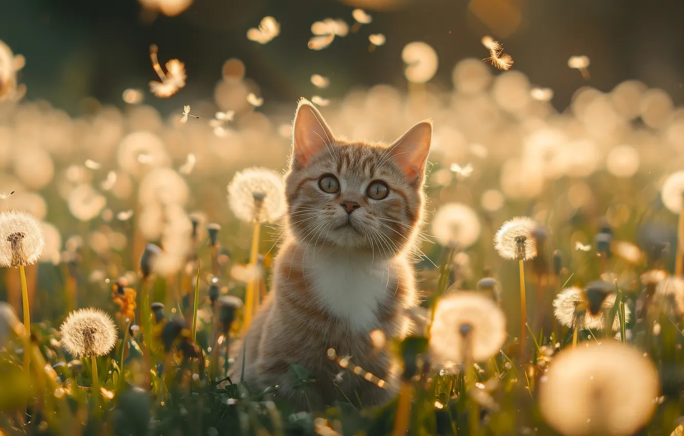 Photo wallpaper cat, summer, look, light, flowers, pose, dandelion, glade