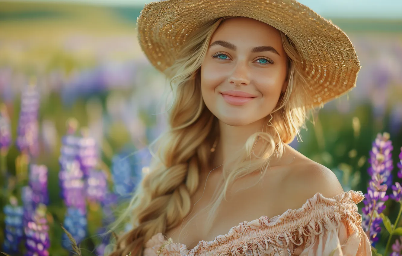 Photo wallpaper field, summer, look, girl, light, flowers, face, smile