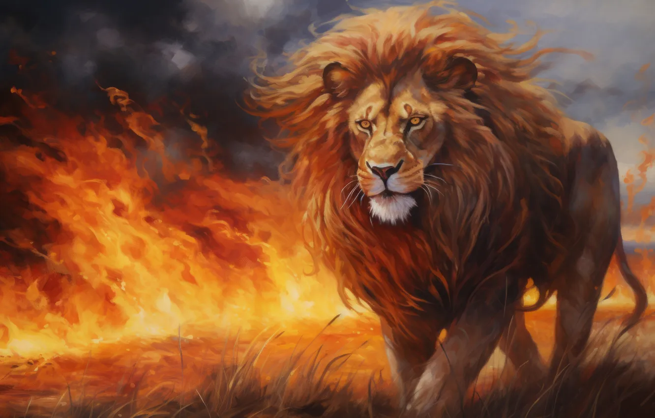 Photo wallpaper grass, lights, predator, Leo, big cat, digital art, AI art, The Art of Artificial Intelligence