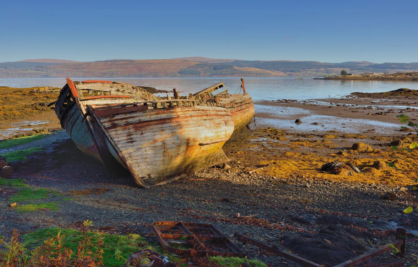 Photo wallpaper nature, lake, blue, hills, shore, boat, rust, old