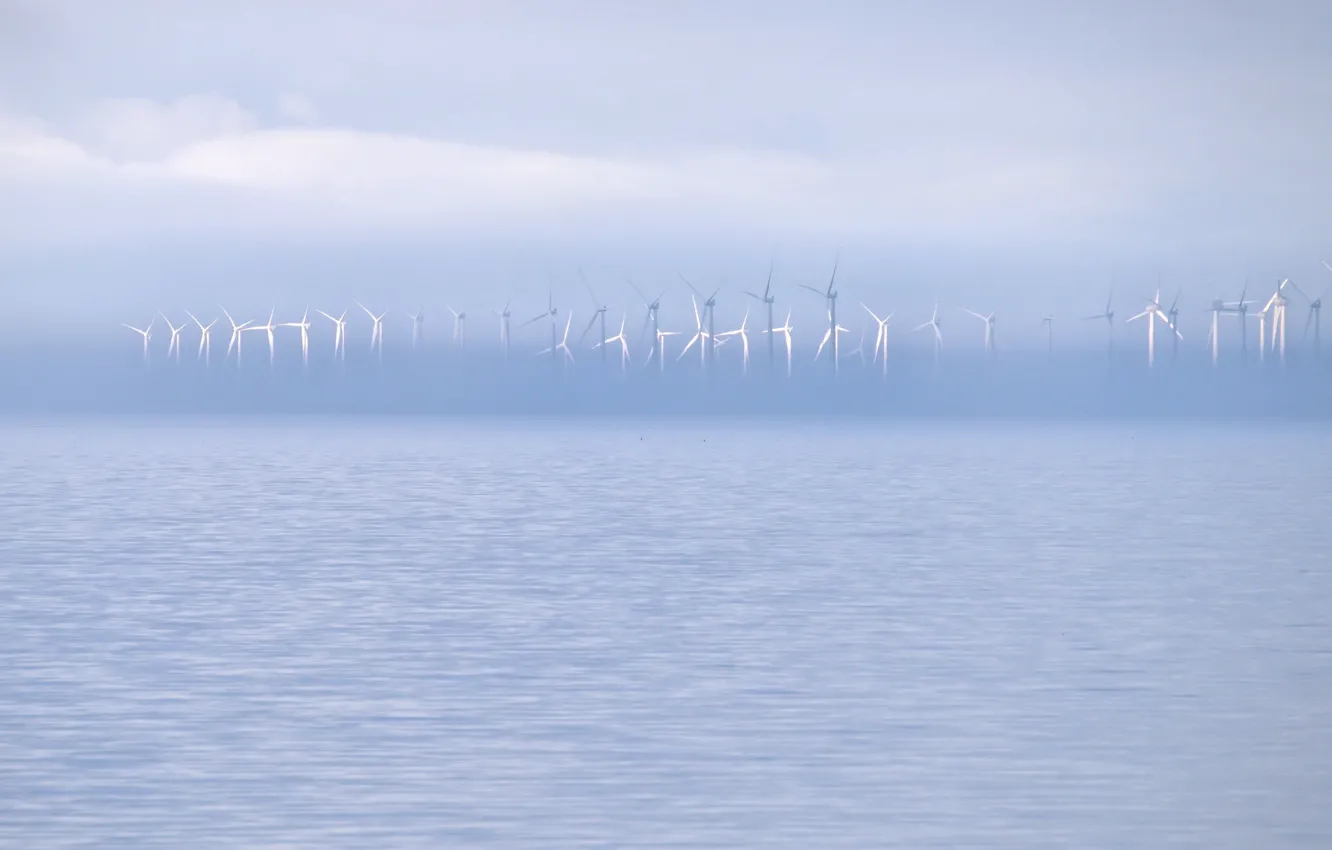 Photo wallpaper sea, fog, windmills