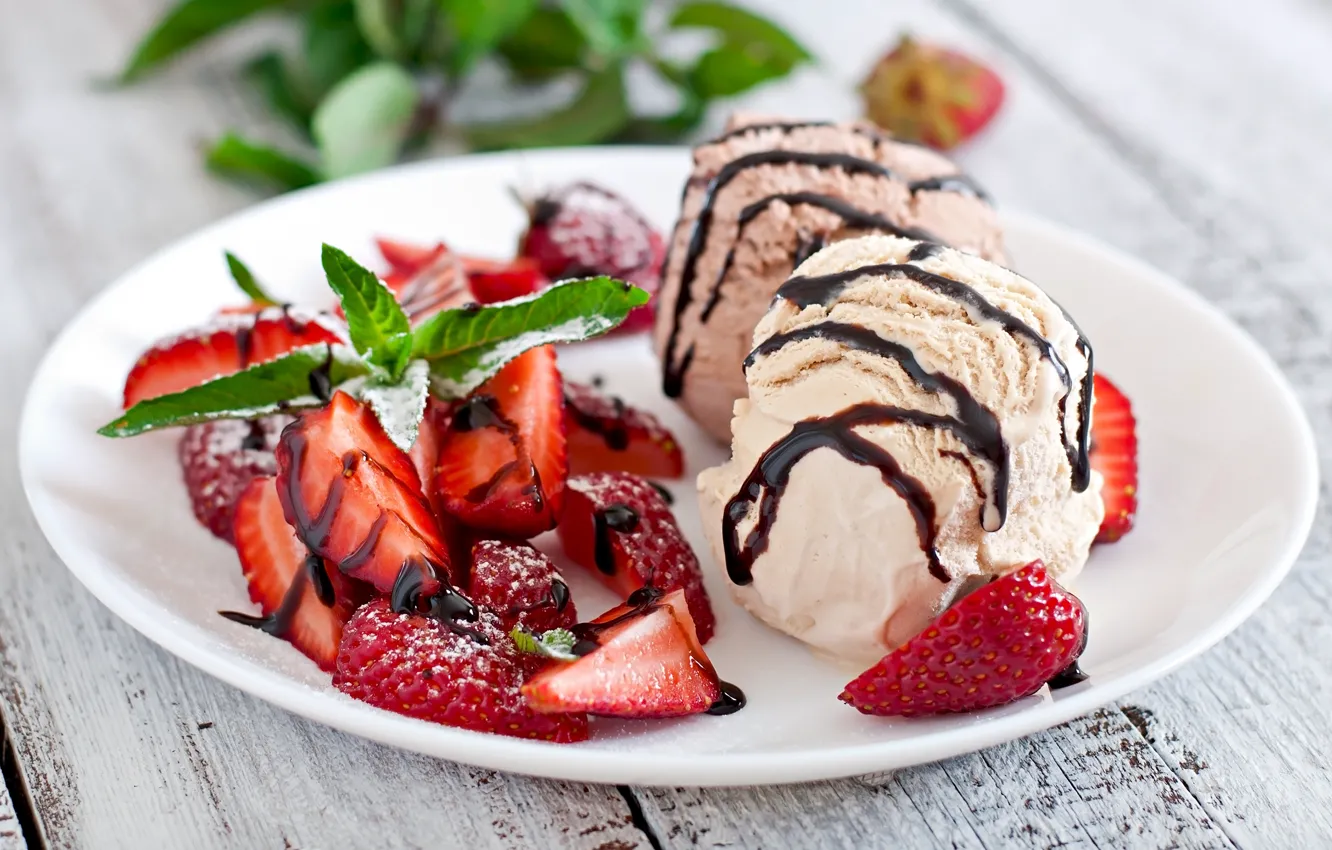 Photo wallpaper berries, Board, strawberry, ice cream, mint, syrup