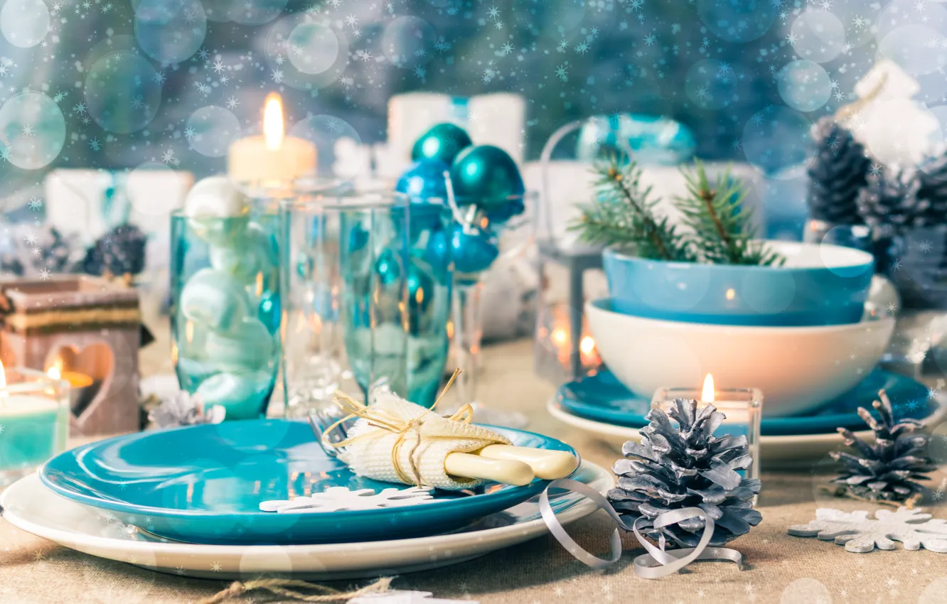 Photo wallpaper toy, new year, spruce, candles, dishes, bumps, decor