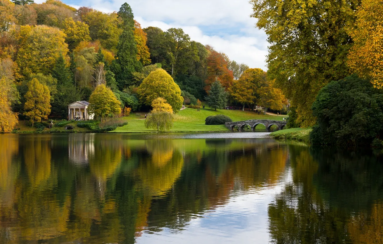 Photo wallpaper autumn, trees, bridge, Park, river, building