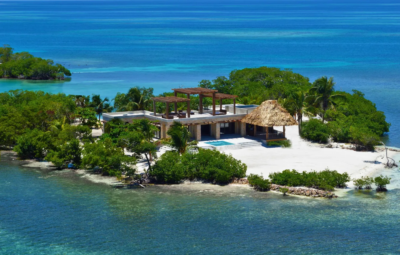 Photo wallpaper beach, trees, landscape, nature, palm trees, the ocean, Villa, plant