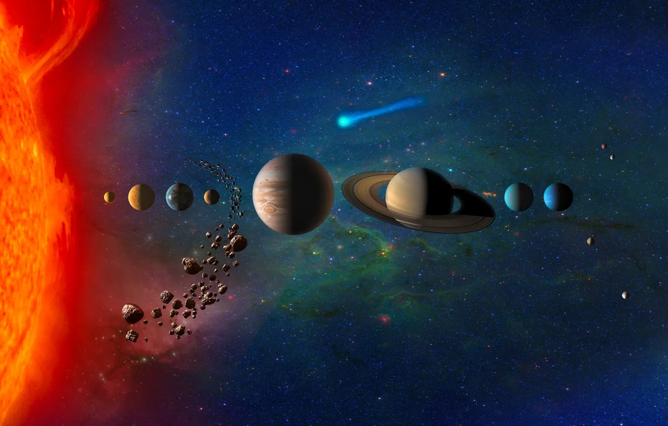 Photo wallpaper planet, Saturn, stars, asteroids, comet, Earth, Mars, Jupiter