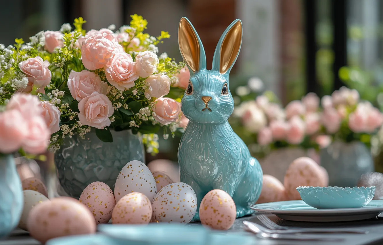 Photo wallpaper flowers, table, holiday, blue, hare, roses, eggs, bouquet