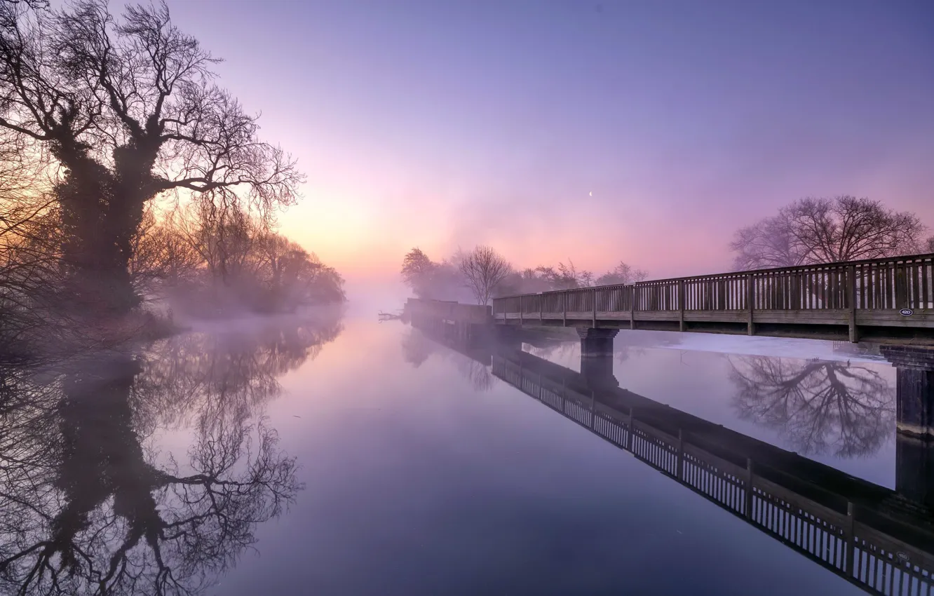 Photo wallpaper bridge, fog, river, morning