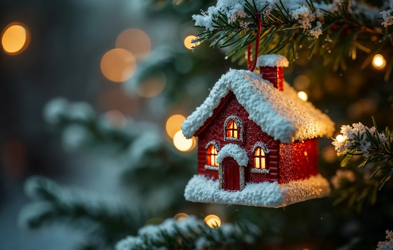 Photo wallpaper frost, snow, branches, red, lights, toy, new year, hut