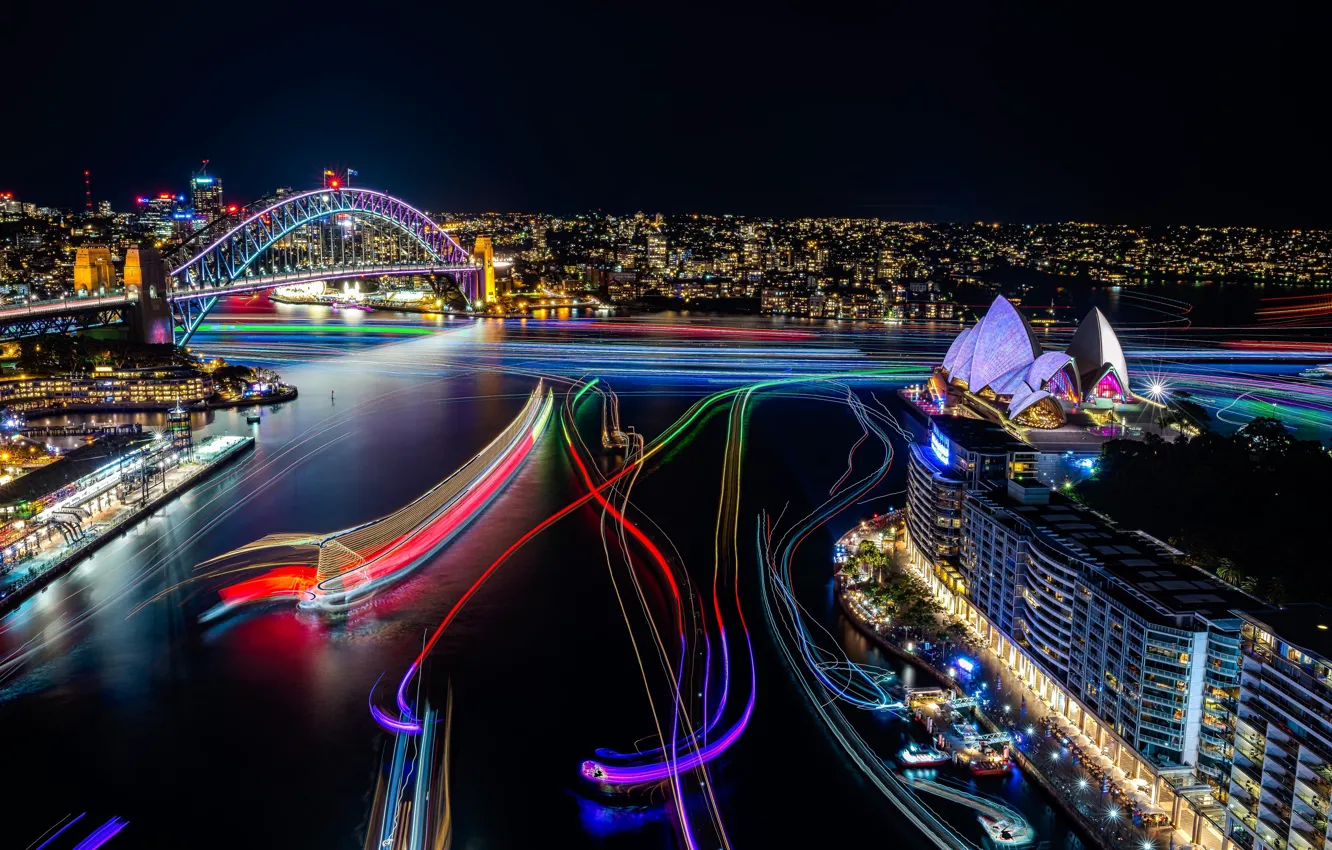 Photo wallpaper lights, Sydney, Australia, Sydney, cityscape, Opera House, exhibition, vivid