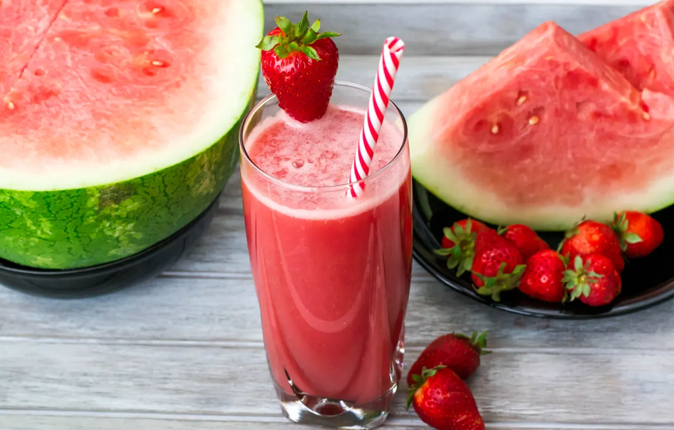 Photo wallpaper watermelon, strawberry, juice, slices, water melon