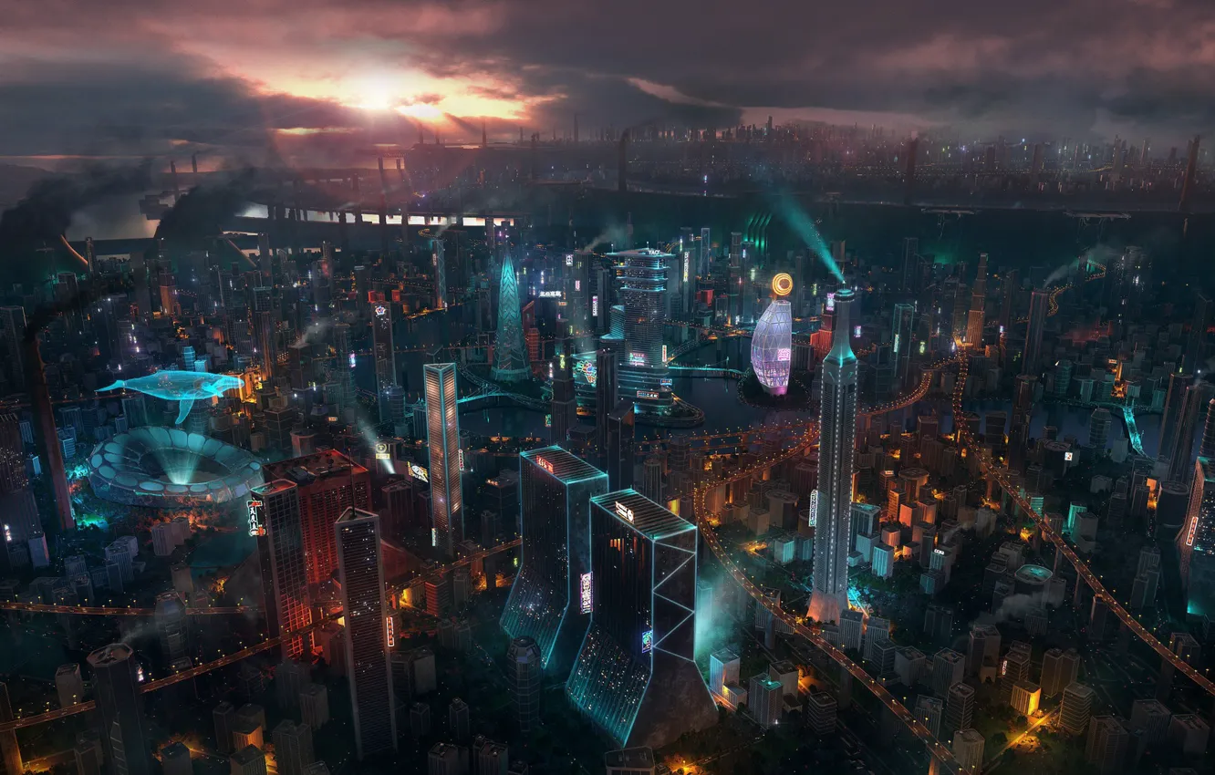 Photo wallpaper city, the city, fiction, building, skyscrapers, neon, art, fantasy