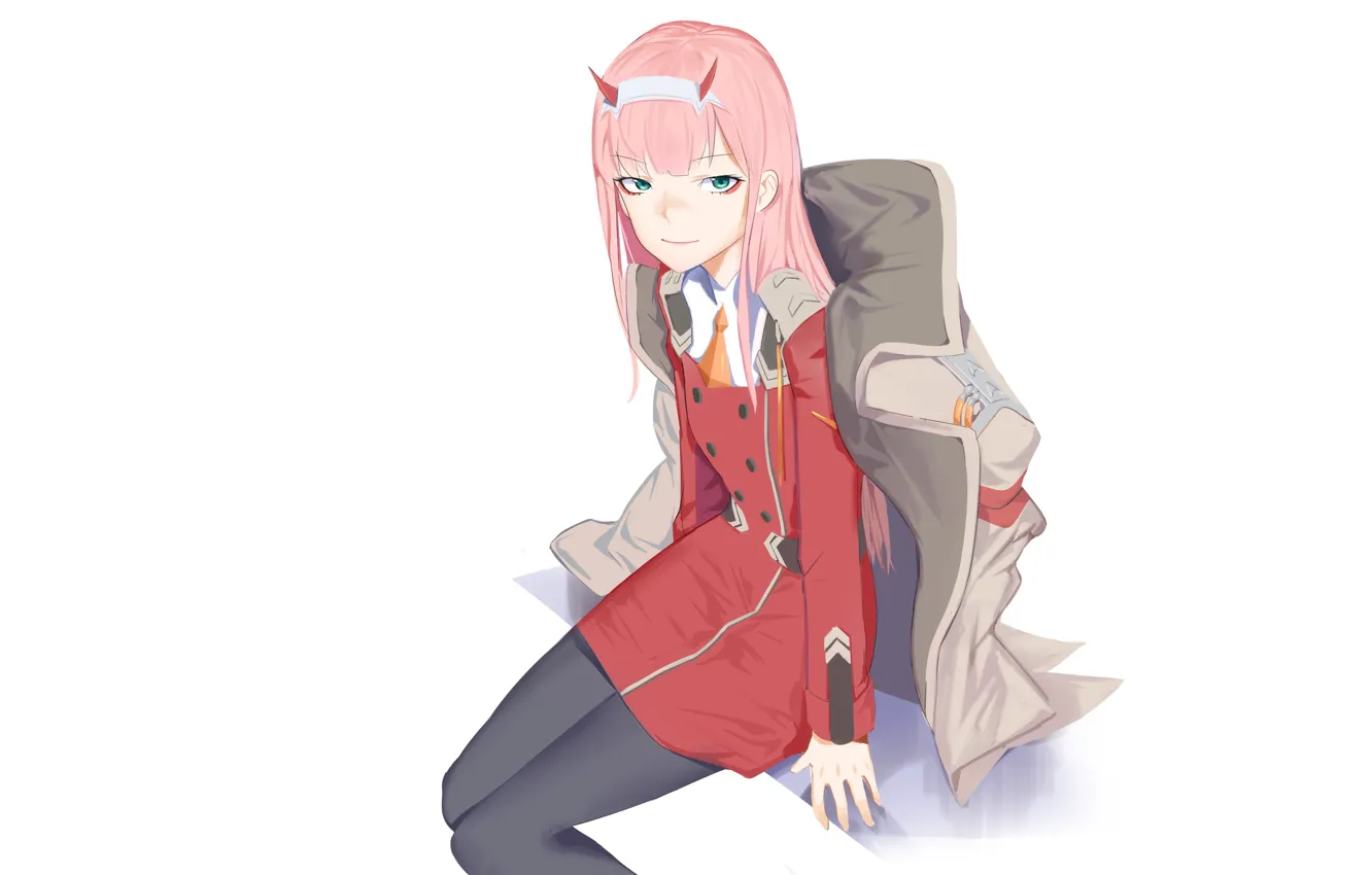 Photo wallpaper girl, white background, sitting, 002, Darling In The Frankxx, Cute in France, Zero Two