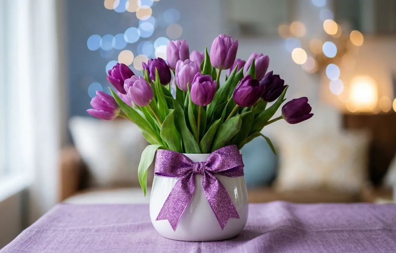 Photo wallpaper flowers, tulips, vase, March 8