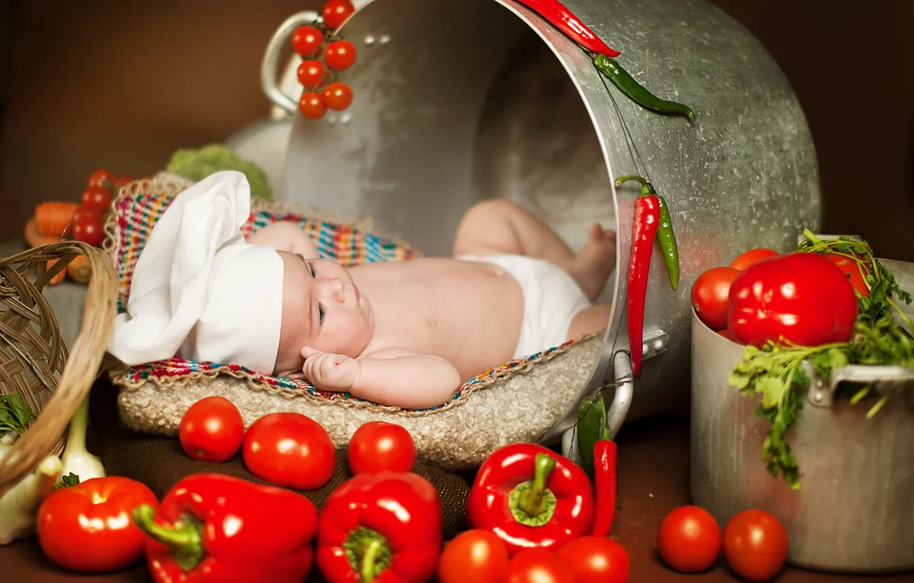 Photo wallpaper greens, children, food, pan, pepper, vegetables, tomatoes, child