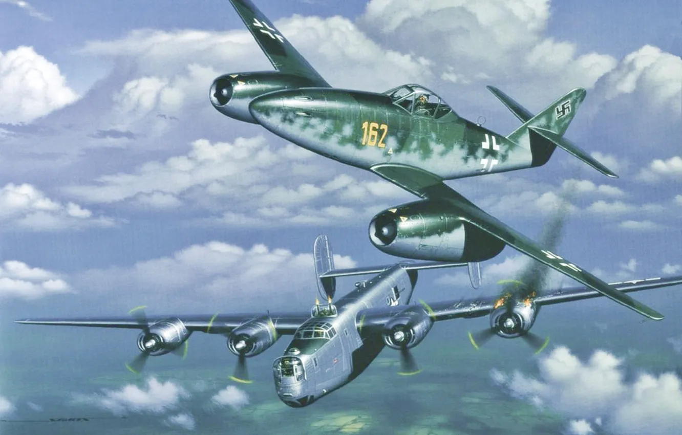 Photo wallpaper aircraft, war, airplane, aviation, dogfight, me-262-b-24, liberator
