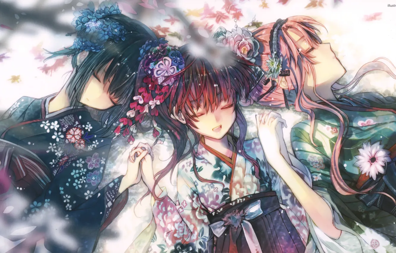 Photo wallpaper girl, flowers, anime, art, kimono, sasami-san@ganbaranai, Yagami tsurugi, yagami kagami