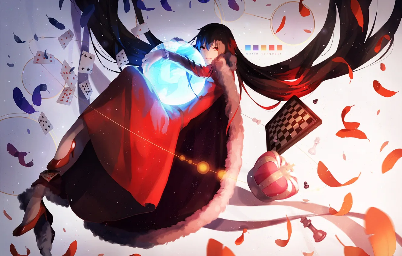 Photo wallpaper girl, smile, map, anime, feathers, chess, figure, art