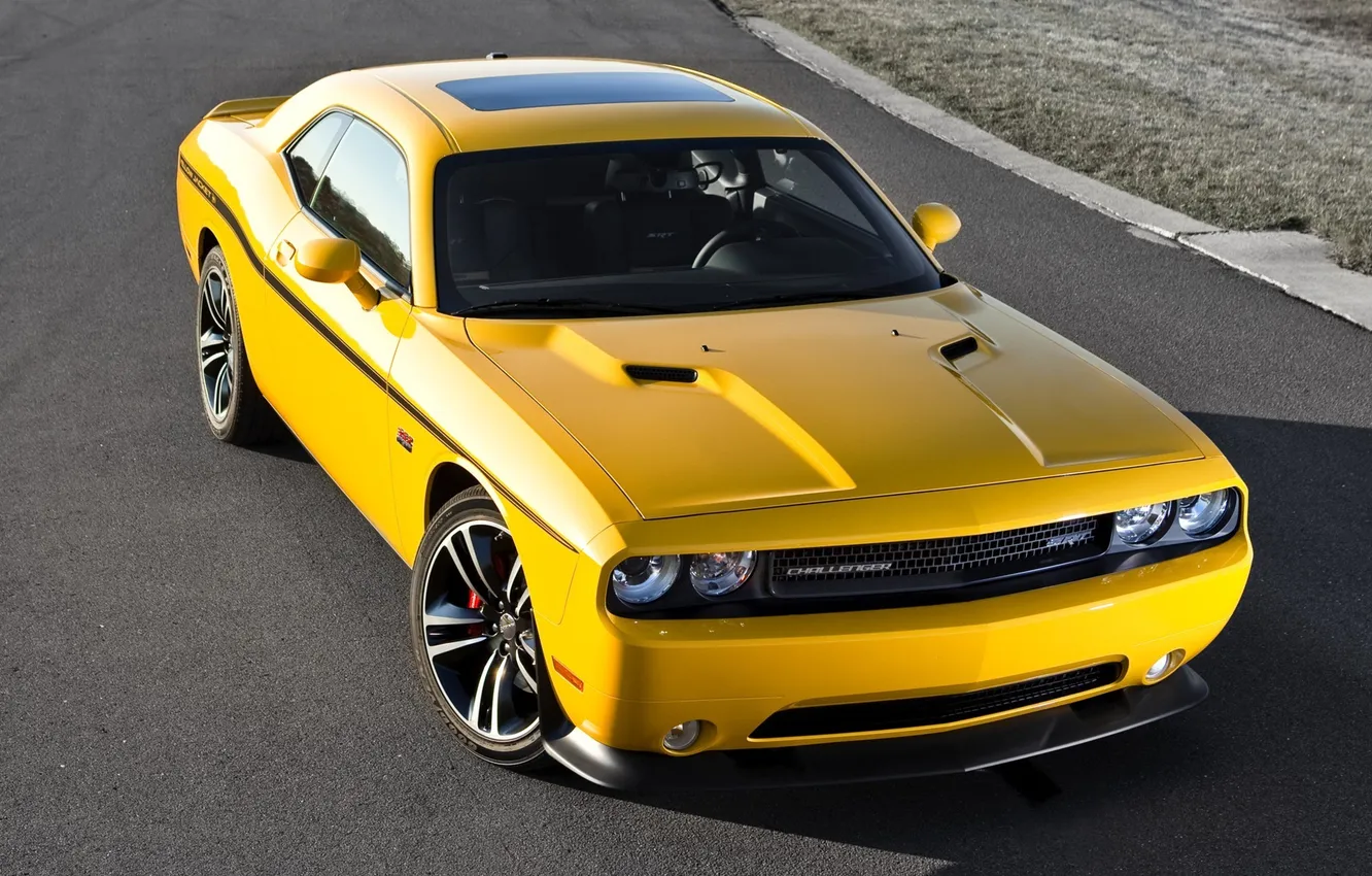 Photo wallpaper yellow, muscle car, Dodge, dodge, challenger, muscle car, srt8, the front