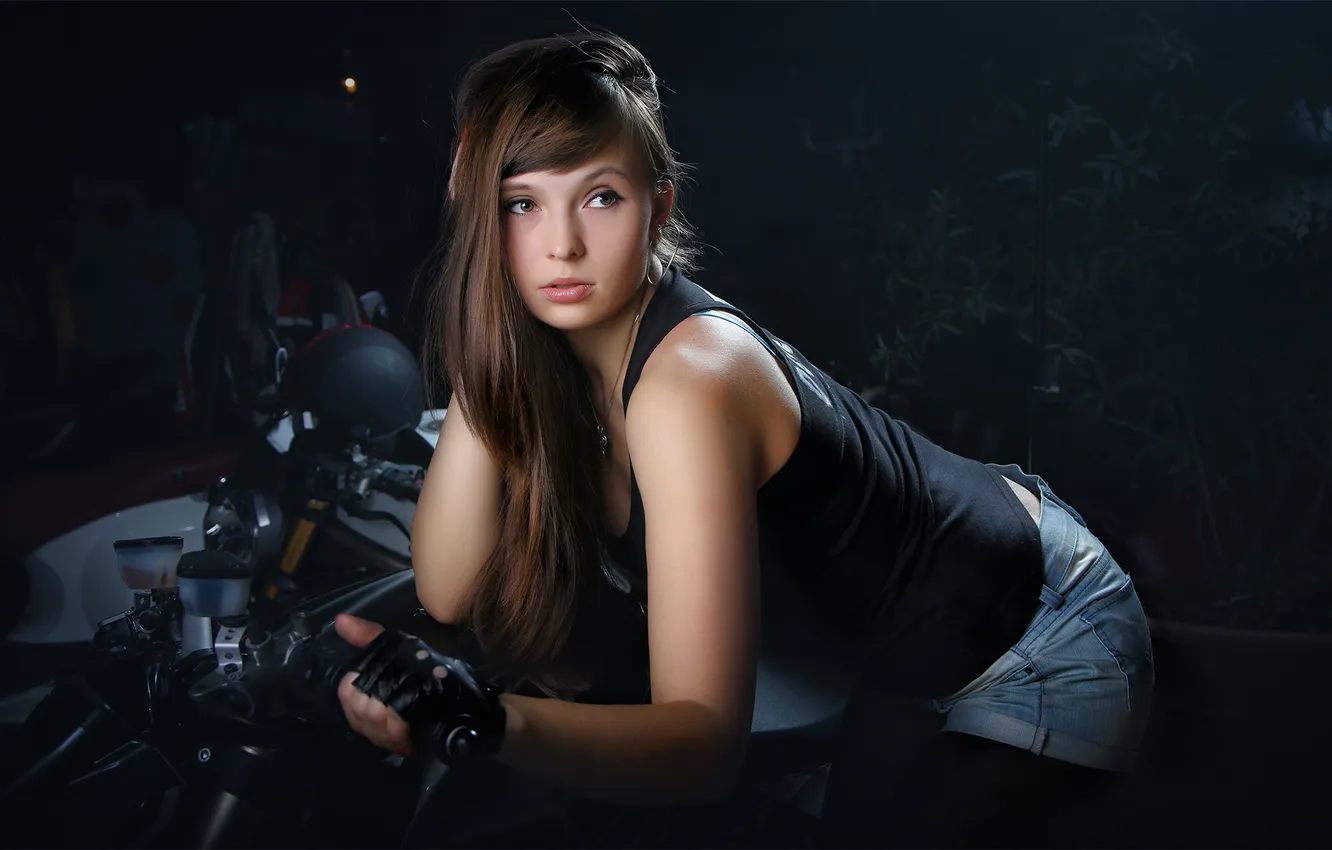 Photo wallpaper dark, light, girl, Ducati, black, monster, studio, motorcycle