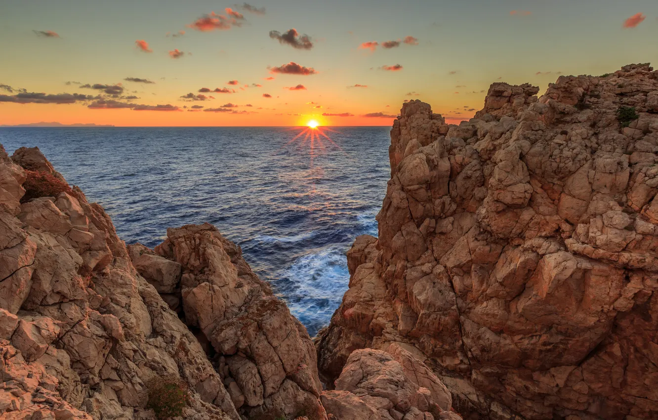 Photo wallpaper the sun, the ocean, rocks, dawn, Mallorca
